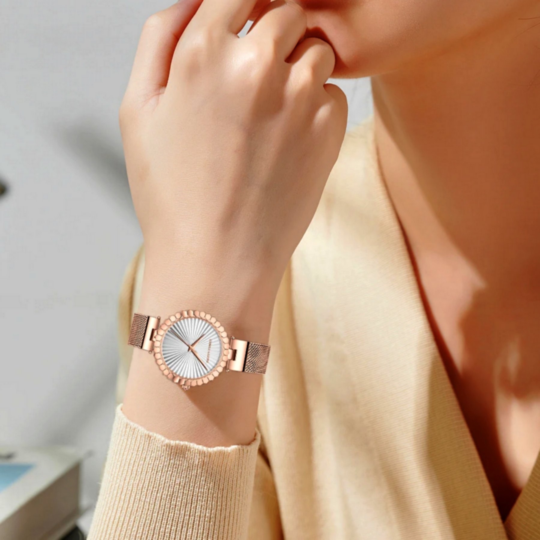 Relogio feminino movimento quartzo pulseira em malha de aco inoxidavel casual Rose Gold/Branco 3