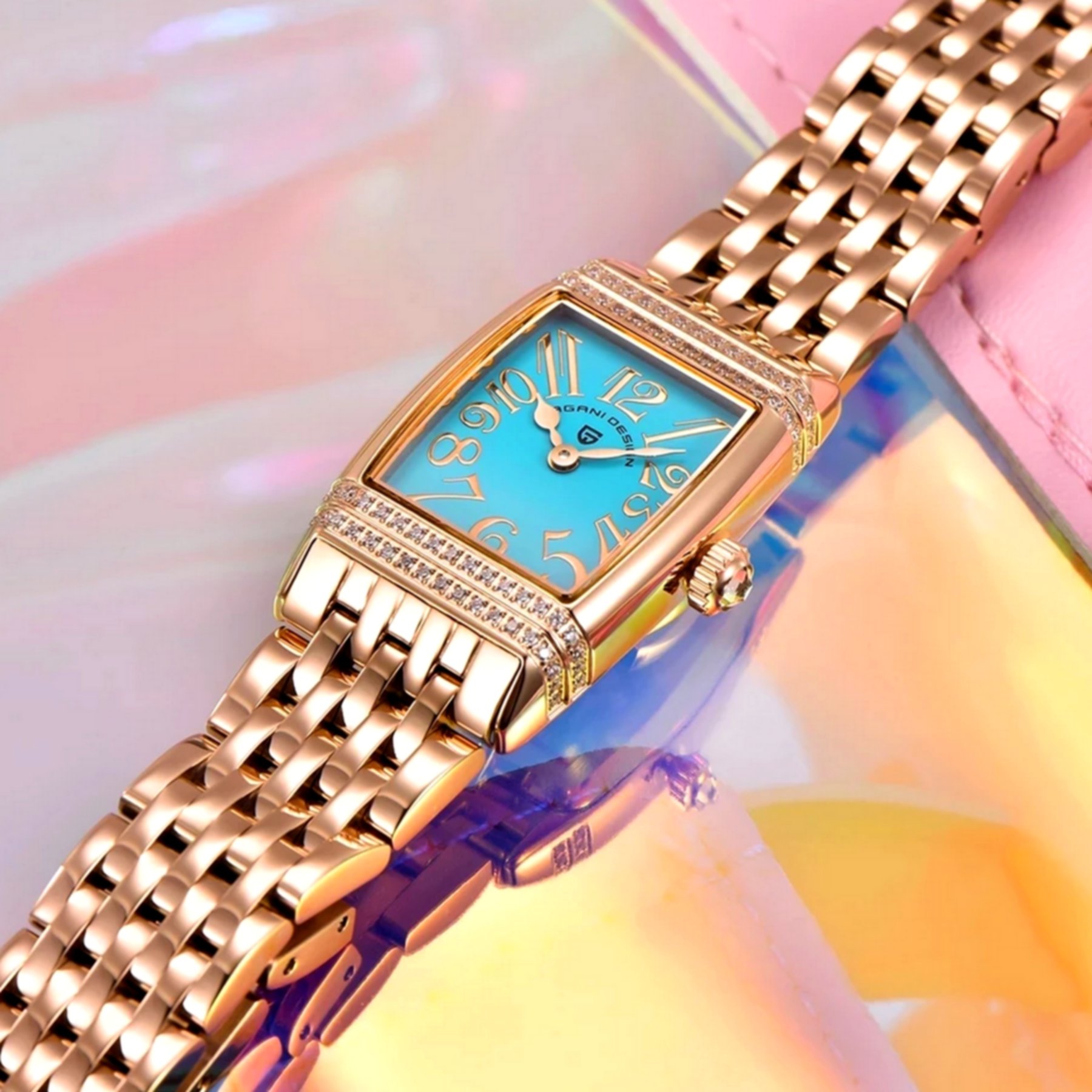 Relogio feminino quartzo design fino elegante com strass em aco inoxidavel impermavel Dourado/Azul 4