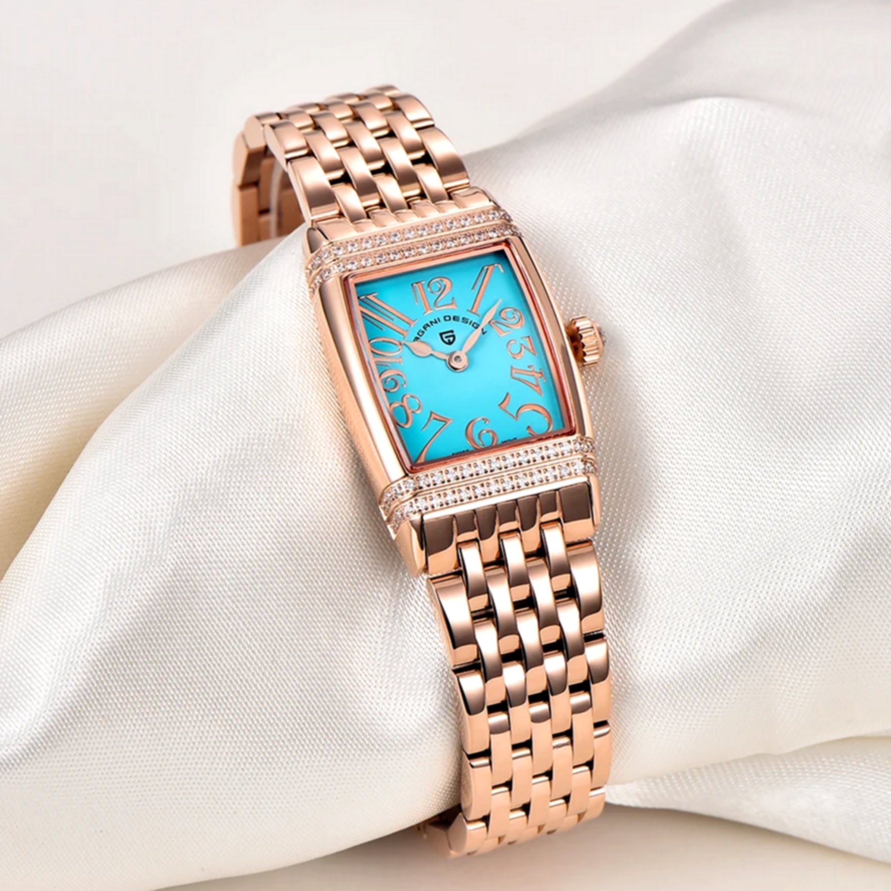 Relogio feminino quartzo design fino elegante com strass em aco inoxidavel impermavel Dourado/Azul 5