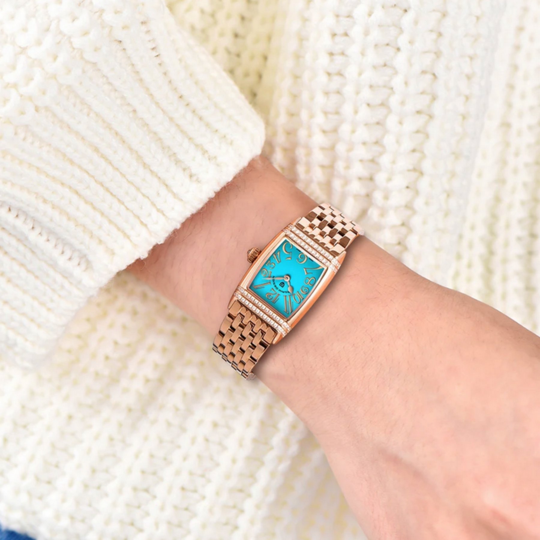 Relogio feminino quartzo design fino elegante com strass em aco inoxidavel impermavel Dourado/Azul 6