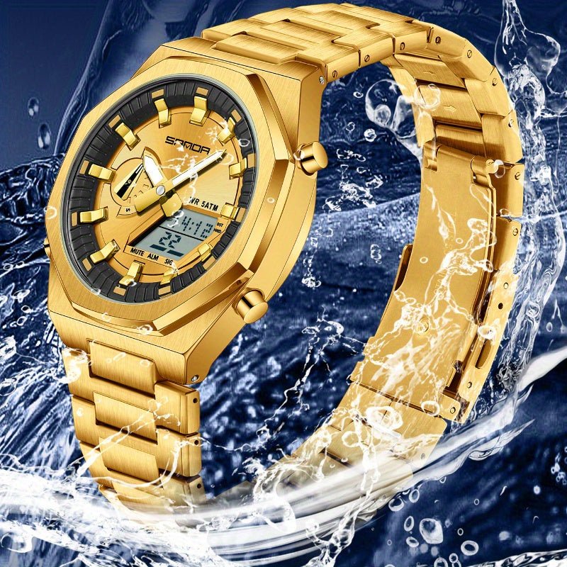 Relogio de Luxo com Alarme, Exibicao Dupla de Hora Estilo Casual Dourado 2