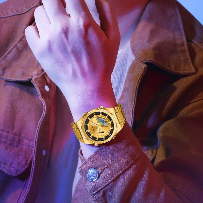 Relogio de Luxo com Alarme, Exibicao Dupla de Hora Estilo Casual Dourado 3