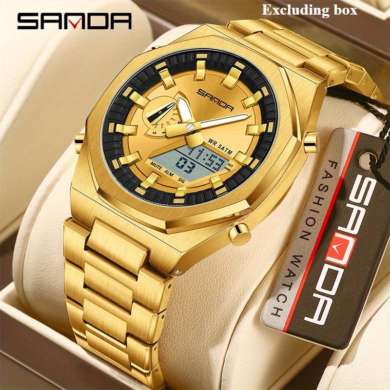 Relogio de Luxo com Alarme, Exibicao Dupla de Hora Estilo Casual Dourado 4