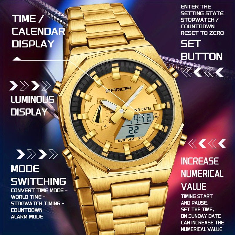 Relogio de Luxo com Alarme, Exibicao Dupla de Hora Estilo Casual Dourado 5