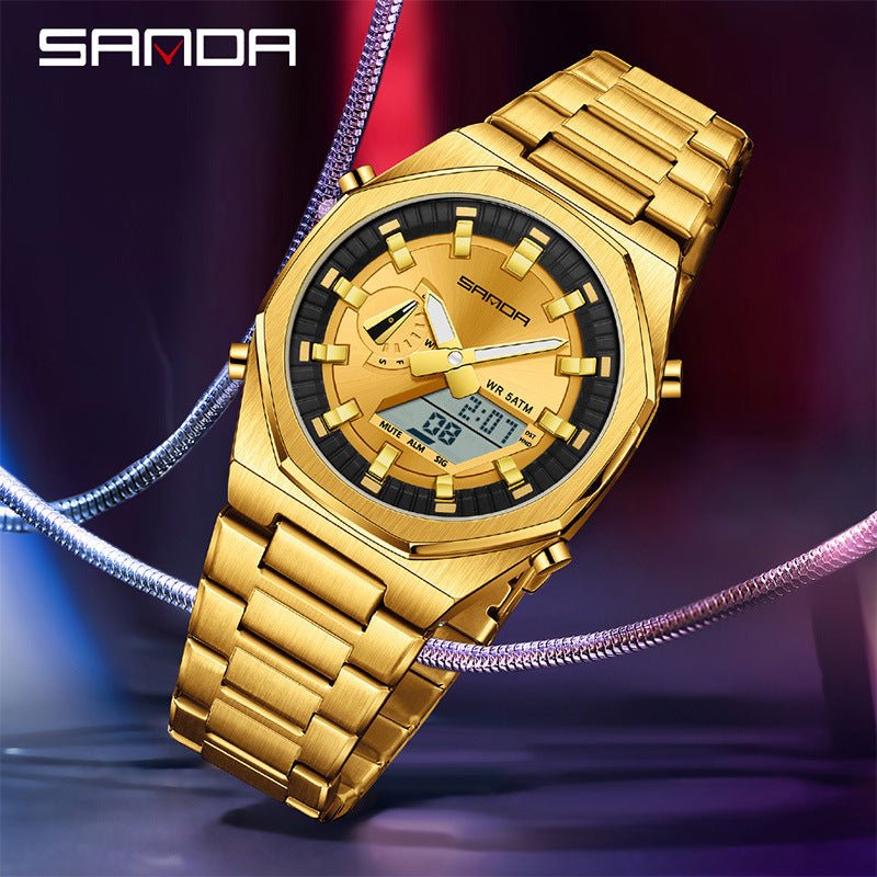 Relogio de Luxo com Alarme, Exibicao Dupla de Hora Estilo Casual Dourado 6