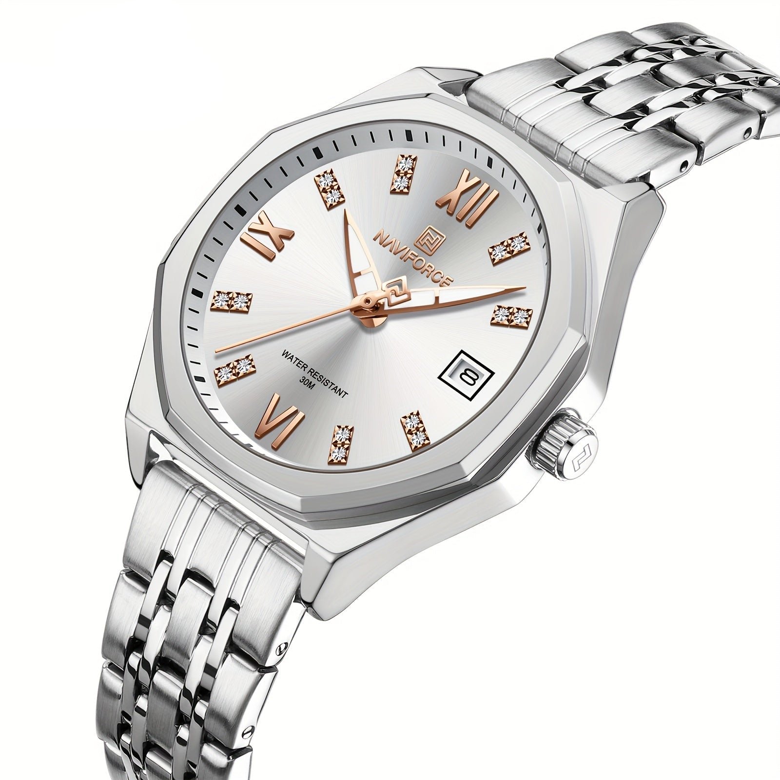 Relogio feminino com mostrador de Strass em aco inoxidavel 3ATM a prova de agua Prata 2