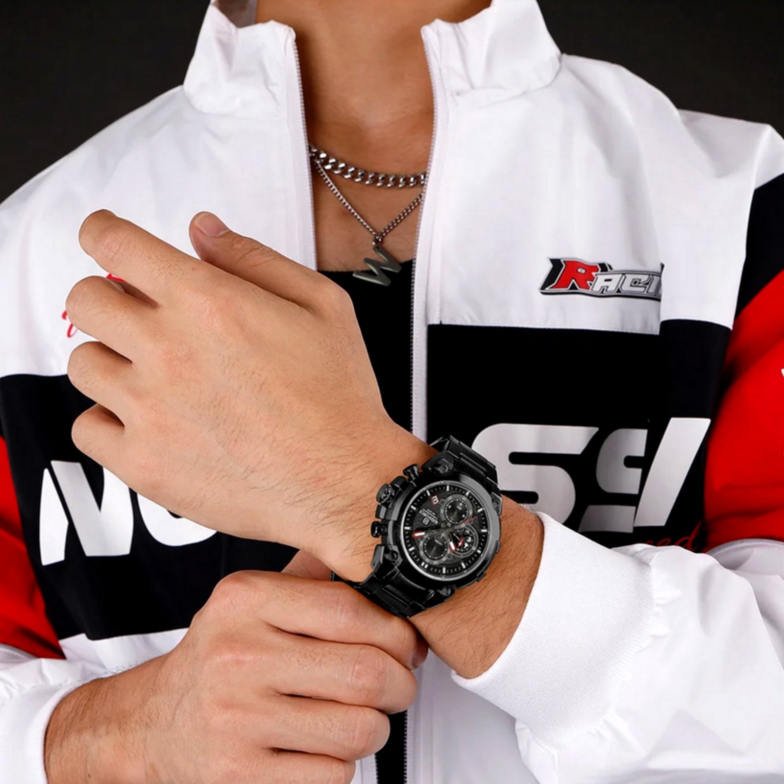 Relogio esportivo de quartzo com cronografo A prova Dagua Multifuncional Preto 4