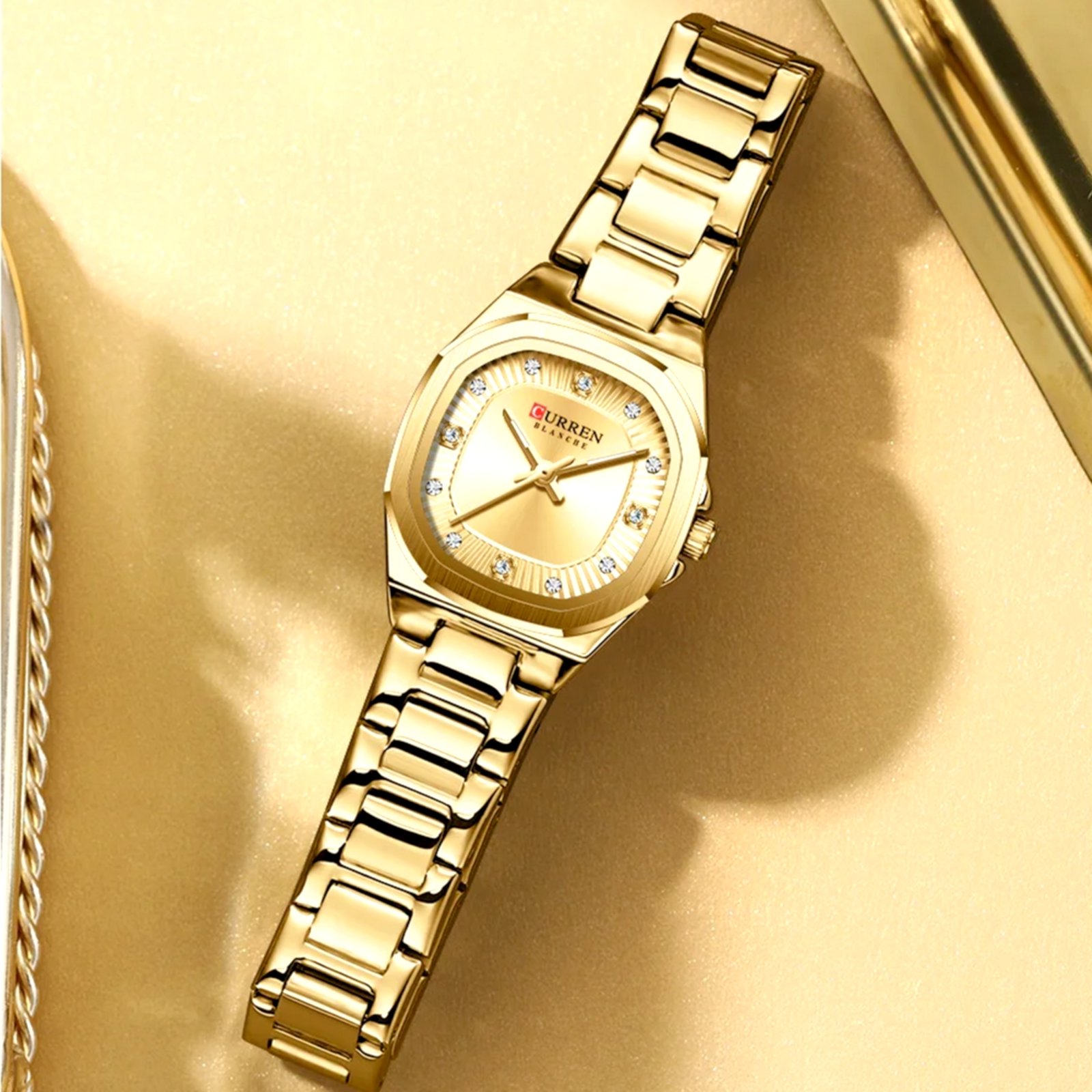 relogio feminino quartzo ponteiros strass design elegante a prova d agua Dourado 3