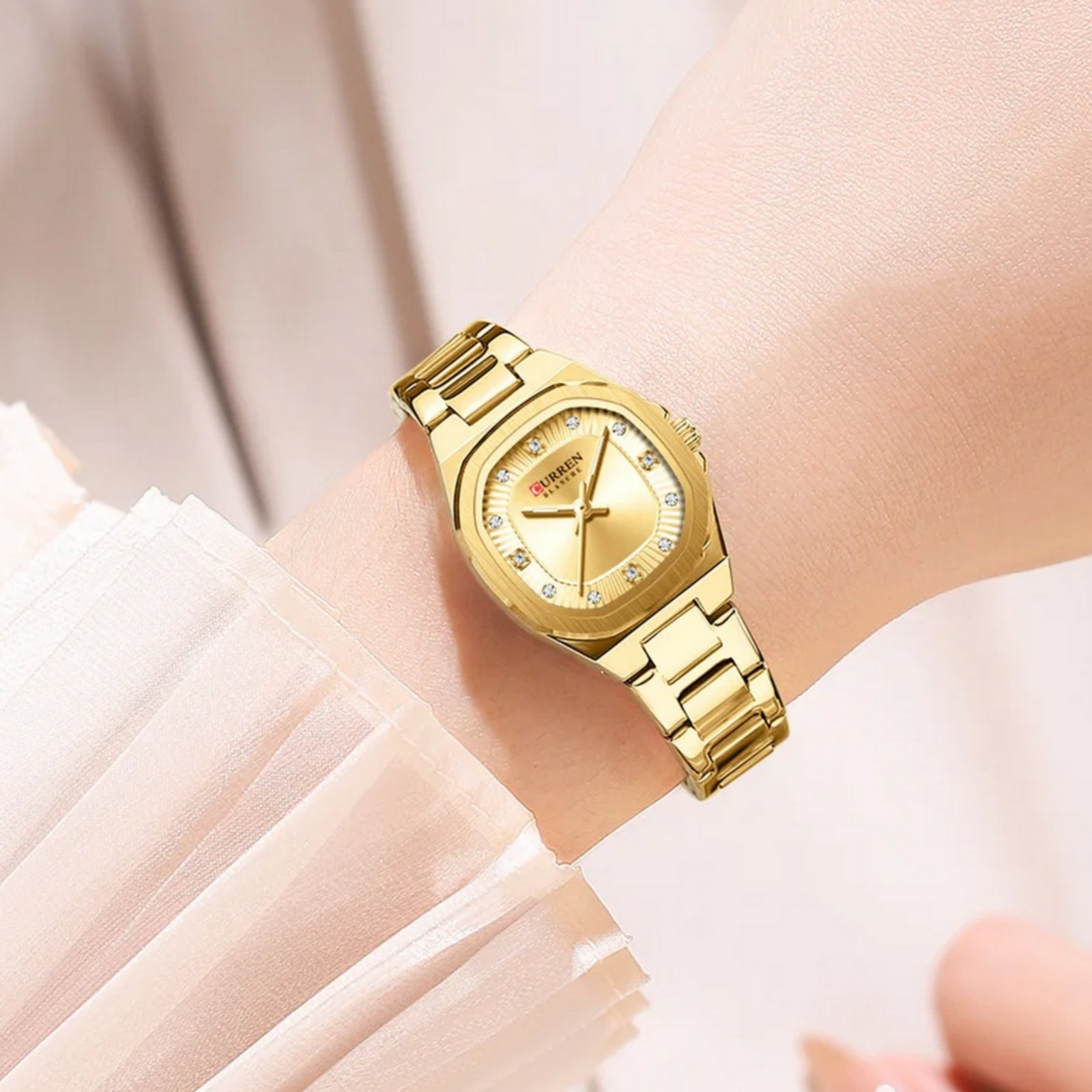 relogio feminino quartzo ponteiros strass design elegante a prova d agua Dourado 4