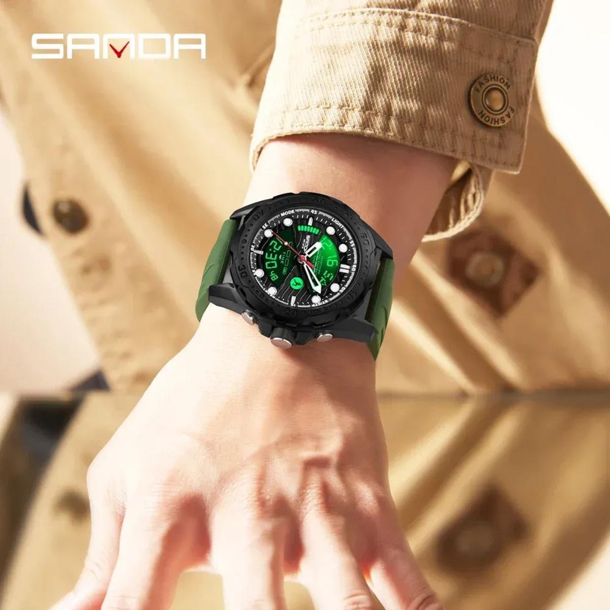 Relogio SANDA 3387 Moda de Quartzo A Prova D Aguatela com  LED Verde 2