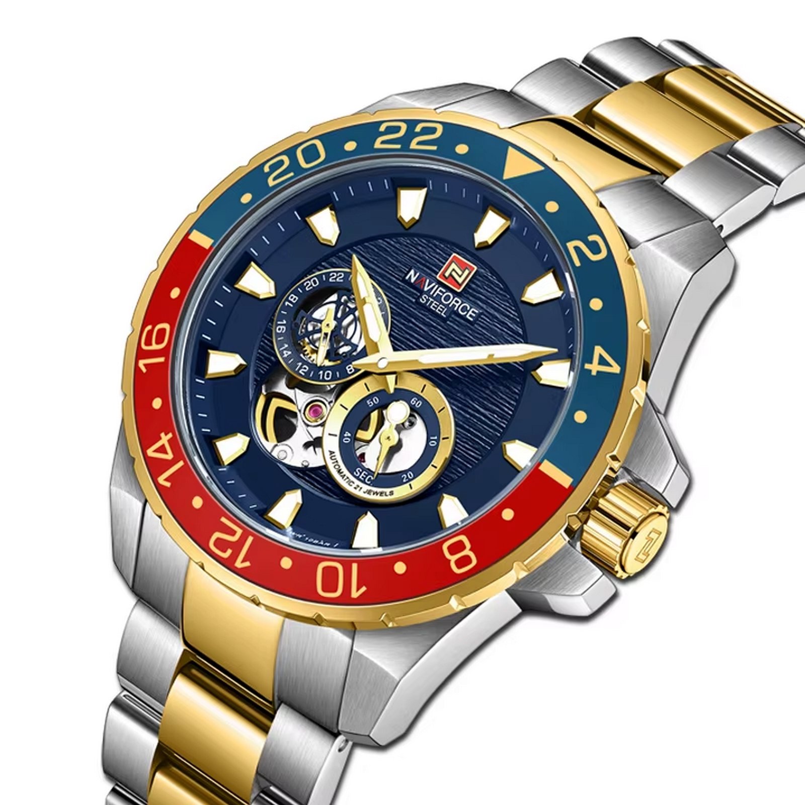 Relogio de pulso masculino mecanico automatico casual aco inoxidavel 10atm Prata/Dourado 2