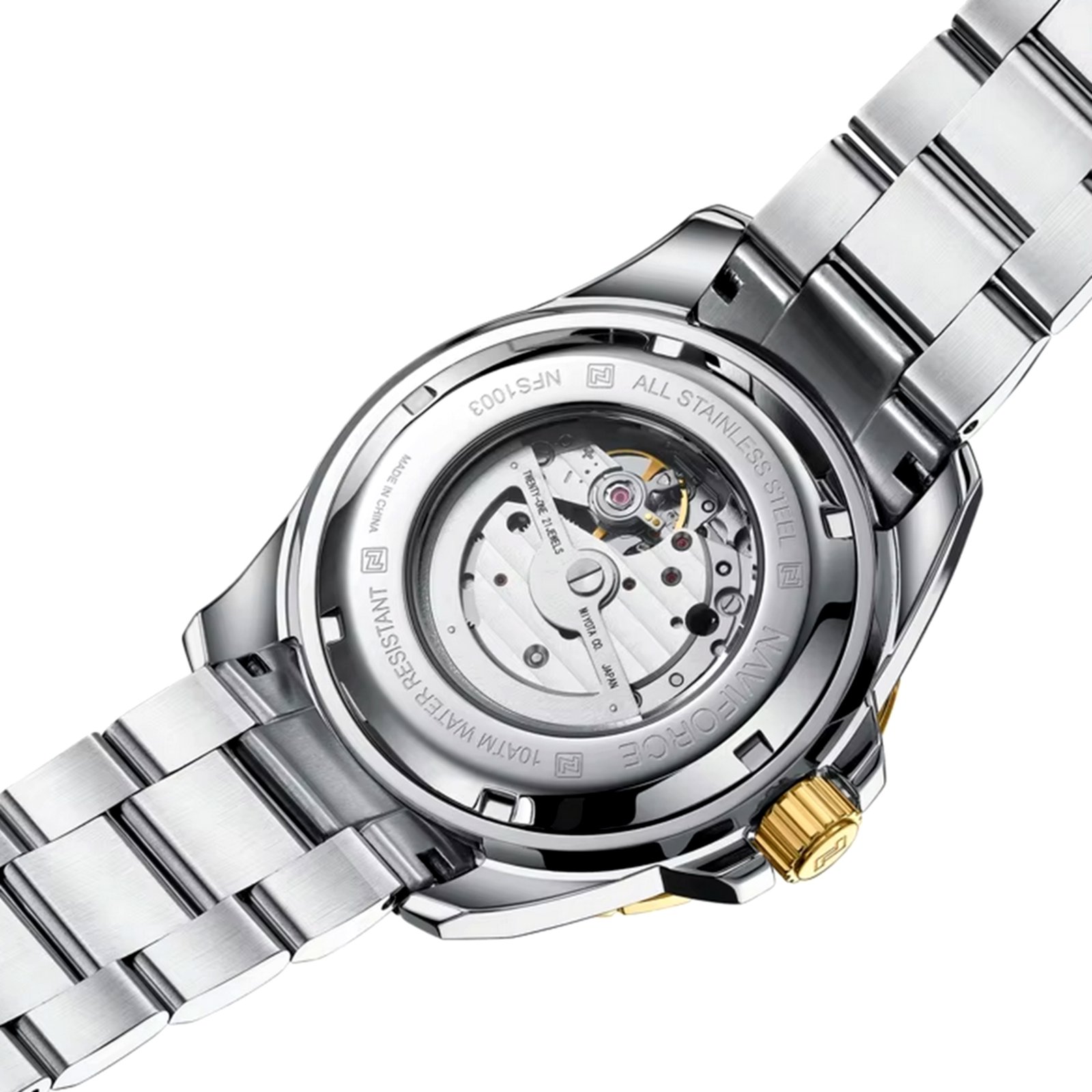 Relogio de pulso masculino mecanico automatico casual aco inoxidavel 10atm Prata/Dourado 3