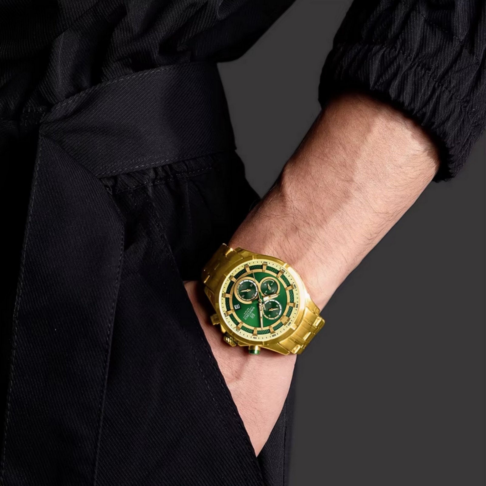 Relogio masculino de luxo negocios luminoso a prova dagua pulseira aco inoxidavel Dourado 3