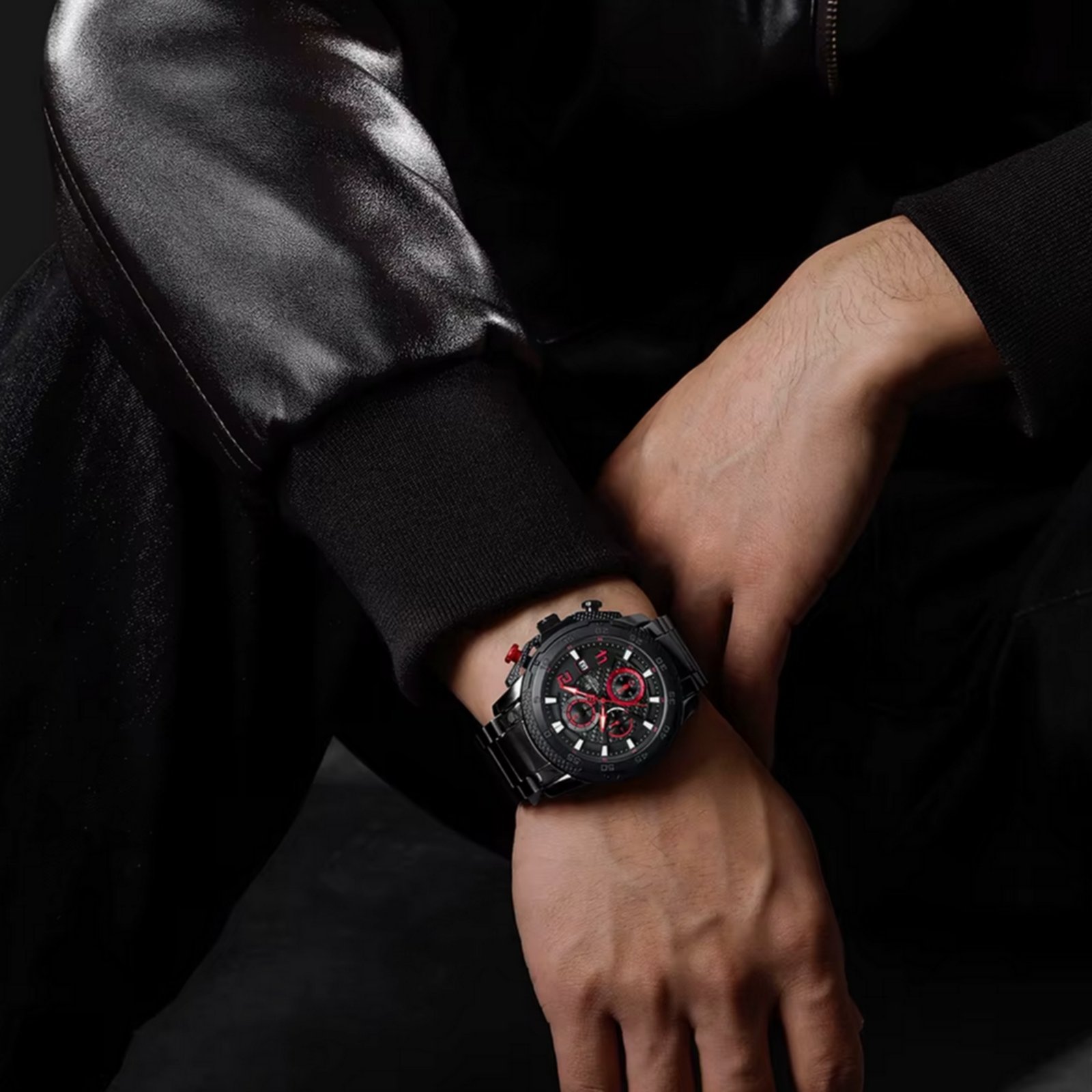 Relogio masculino de aco inoxidavel quartzo multifuncional esportivo impermeavel Preto 3