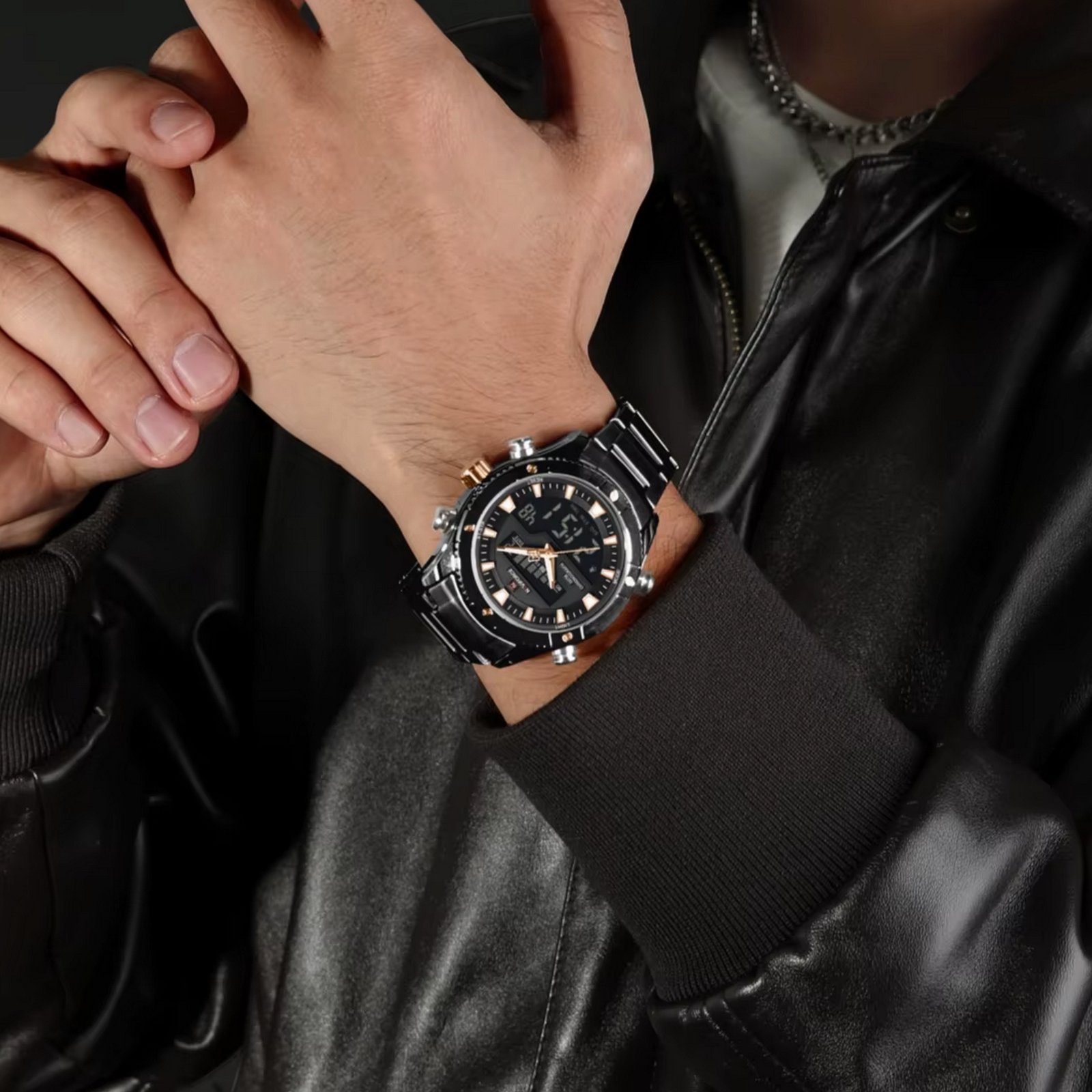 Relogio de quartzo eletronico luminoso a prova dagua pulseira aco inoxidavel Preto 2