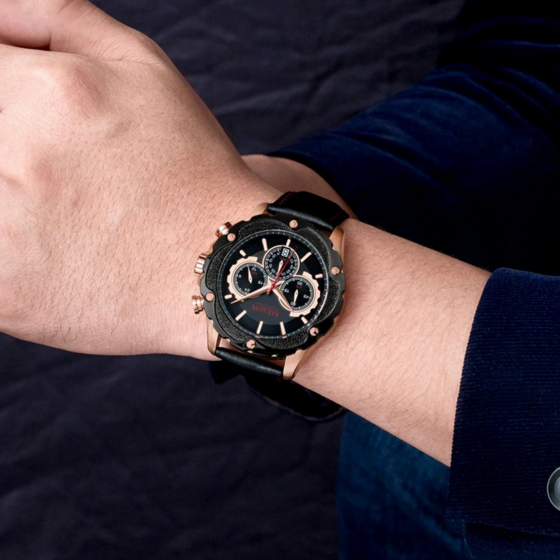 Relogio esportivo para homens de quartzo a prova dagua com cronografo Preto 3