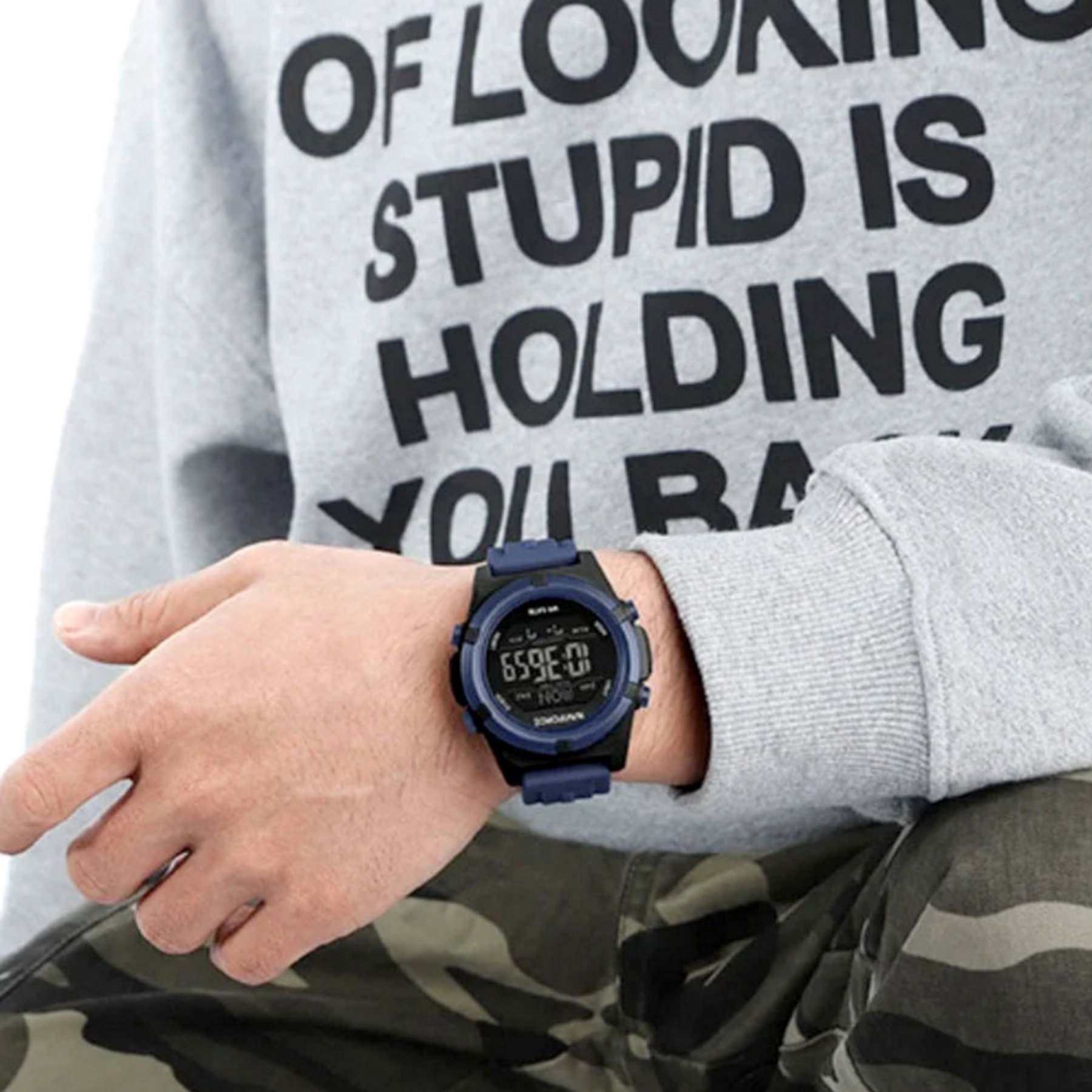 relogio masculino quartzo esportivo 50m a prova dagua LCD dupla exibicao Azul 3