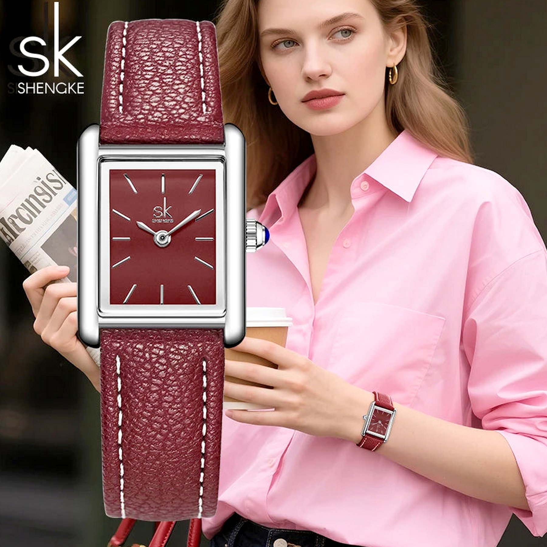 Relogio estilo de moda classico de pulso quartzo feminino design elegante Vermelho 4