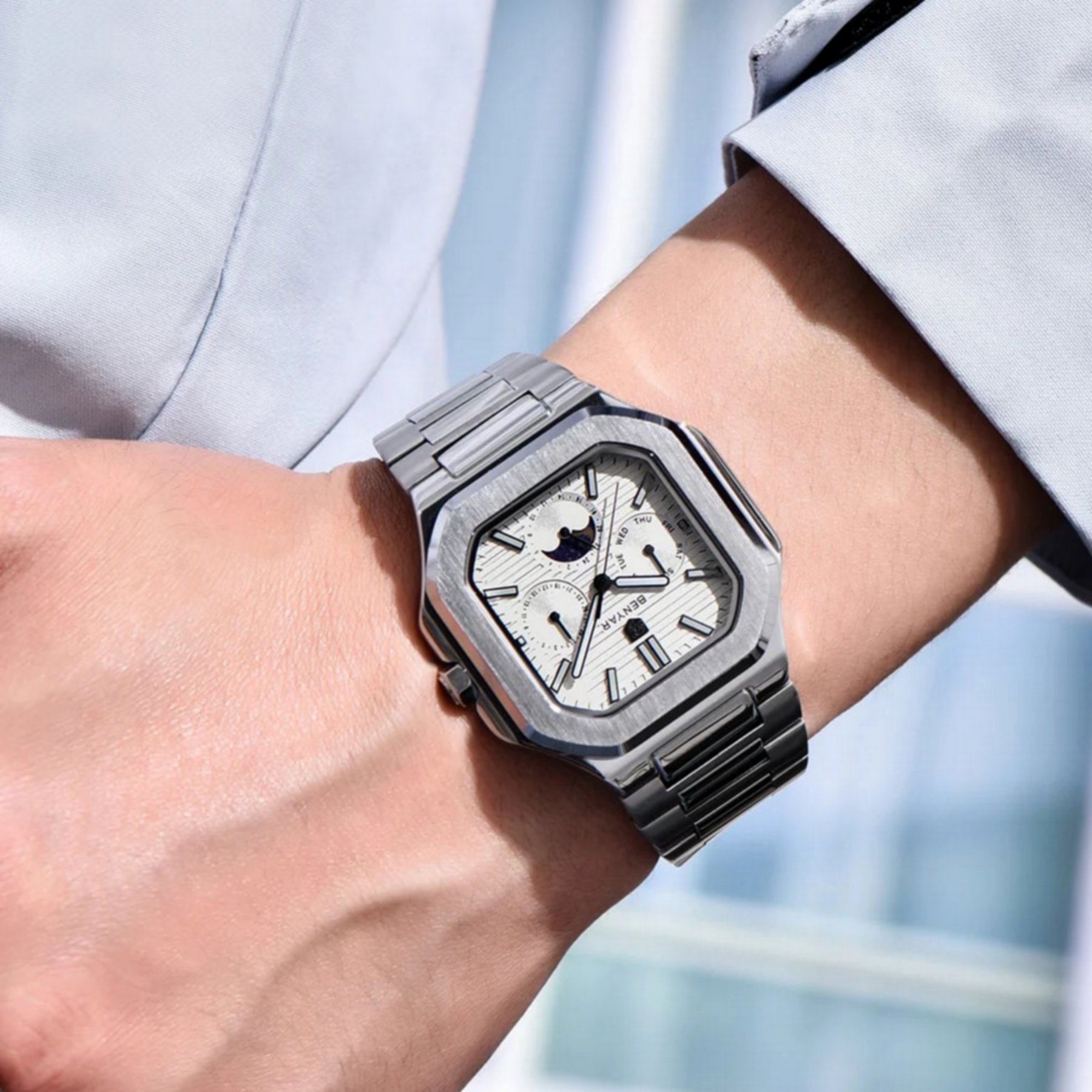 Relogio masculino quadrado em aco inoxidavel multifuncional design esportivo Prata/Branco 3