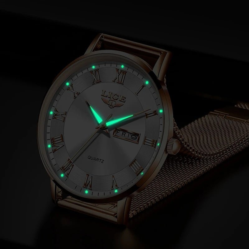 Relogio Esportivo feminino LIGE, Pulseira de Aco Inoxidavel, Caixa de Liga de Zinco Rosé/Azul 2