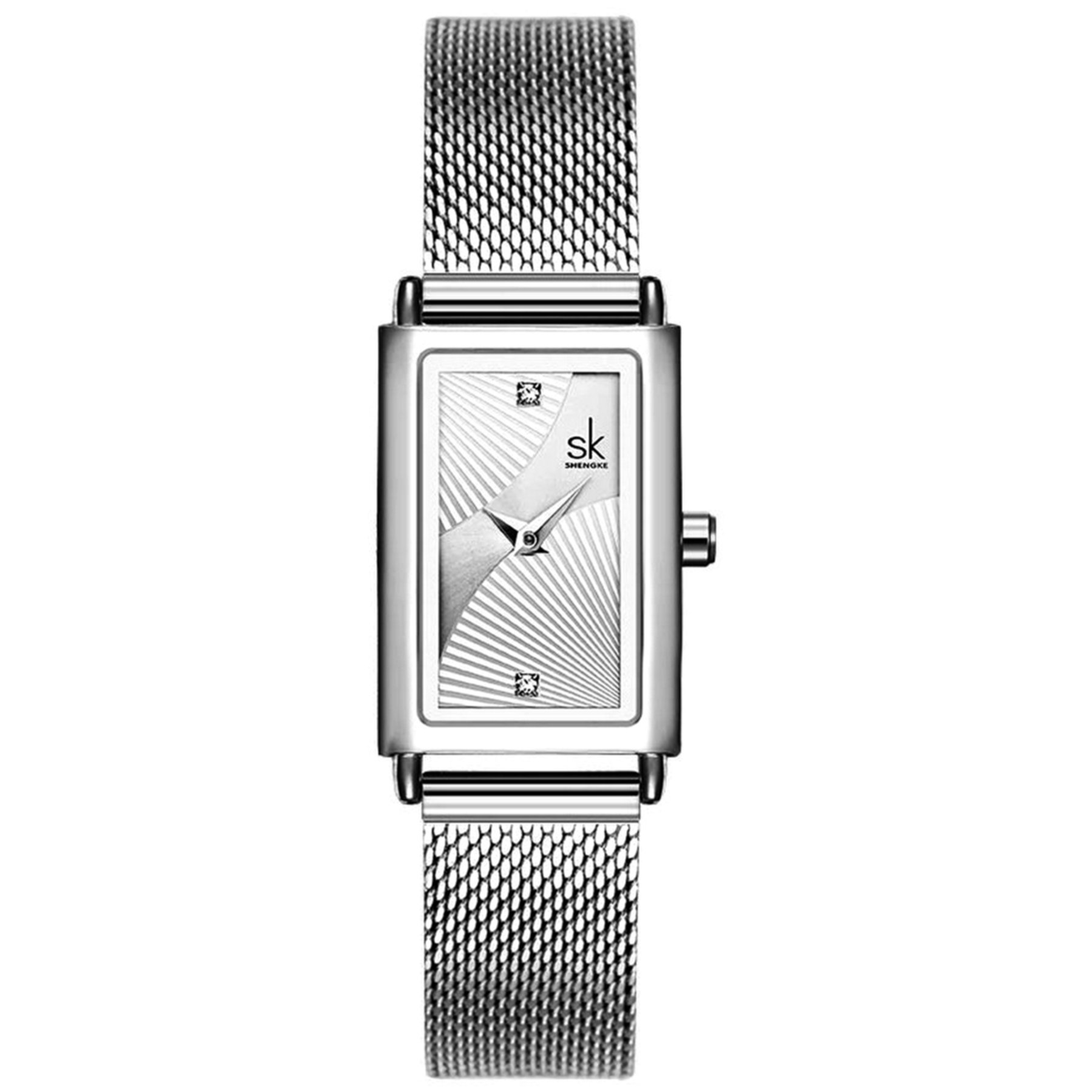 Relogio feminino genebra design retangulo quartzo em malha aco inoxidavel