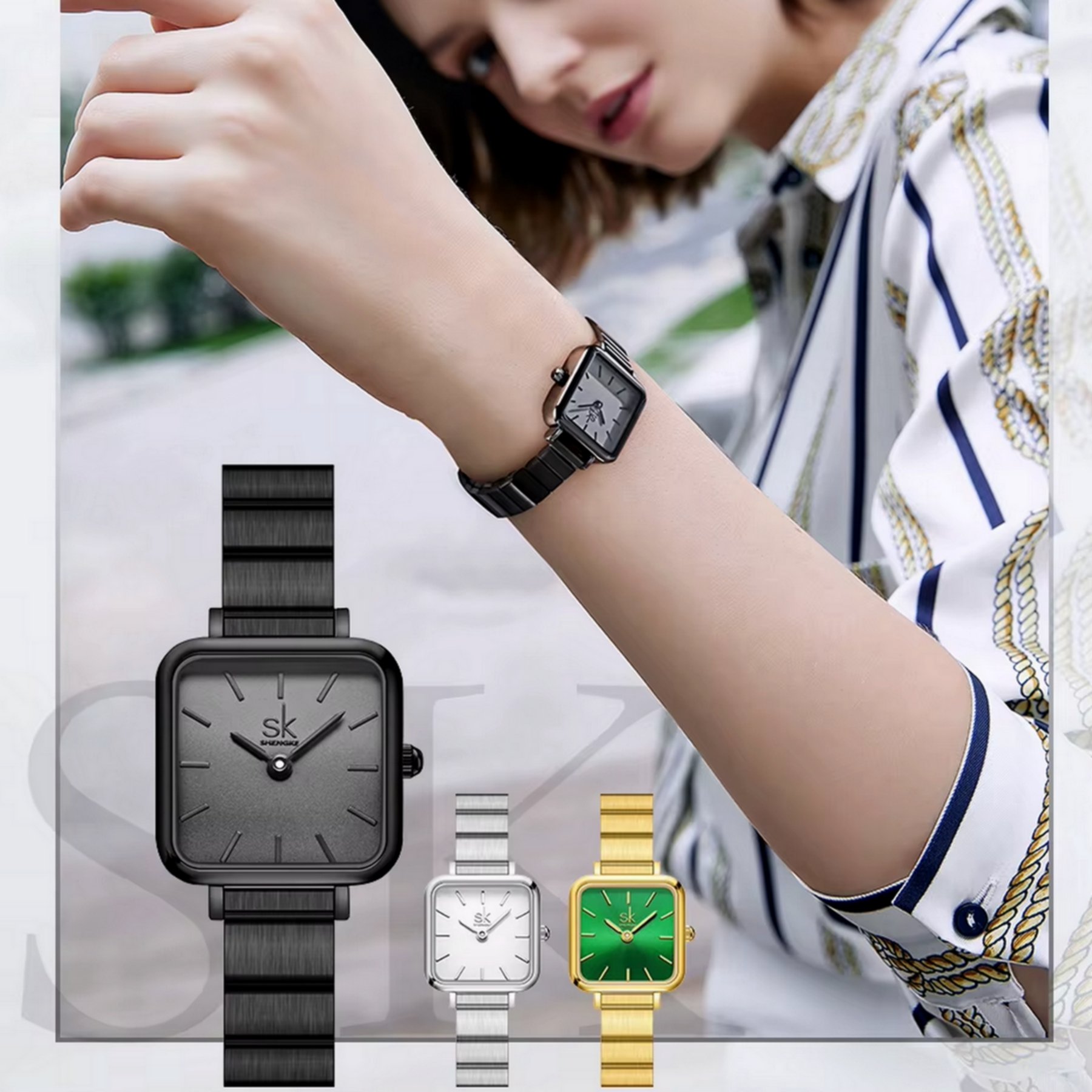 Relogio feminino design quadrado analogico em aco inoxidavel Preto 3
