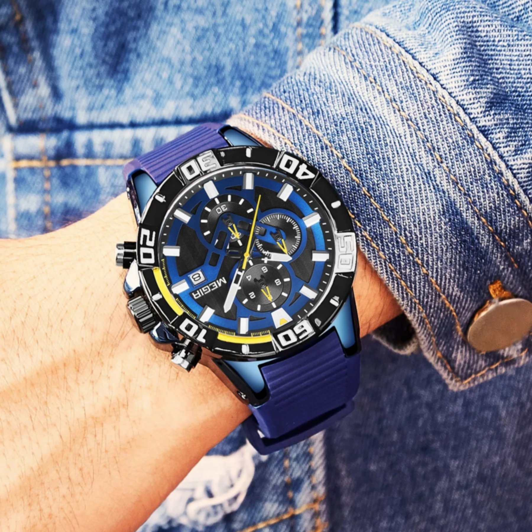 Relogio masculino esportivo comcronografo silicone a prova dagua quartzo Azul 3