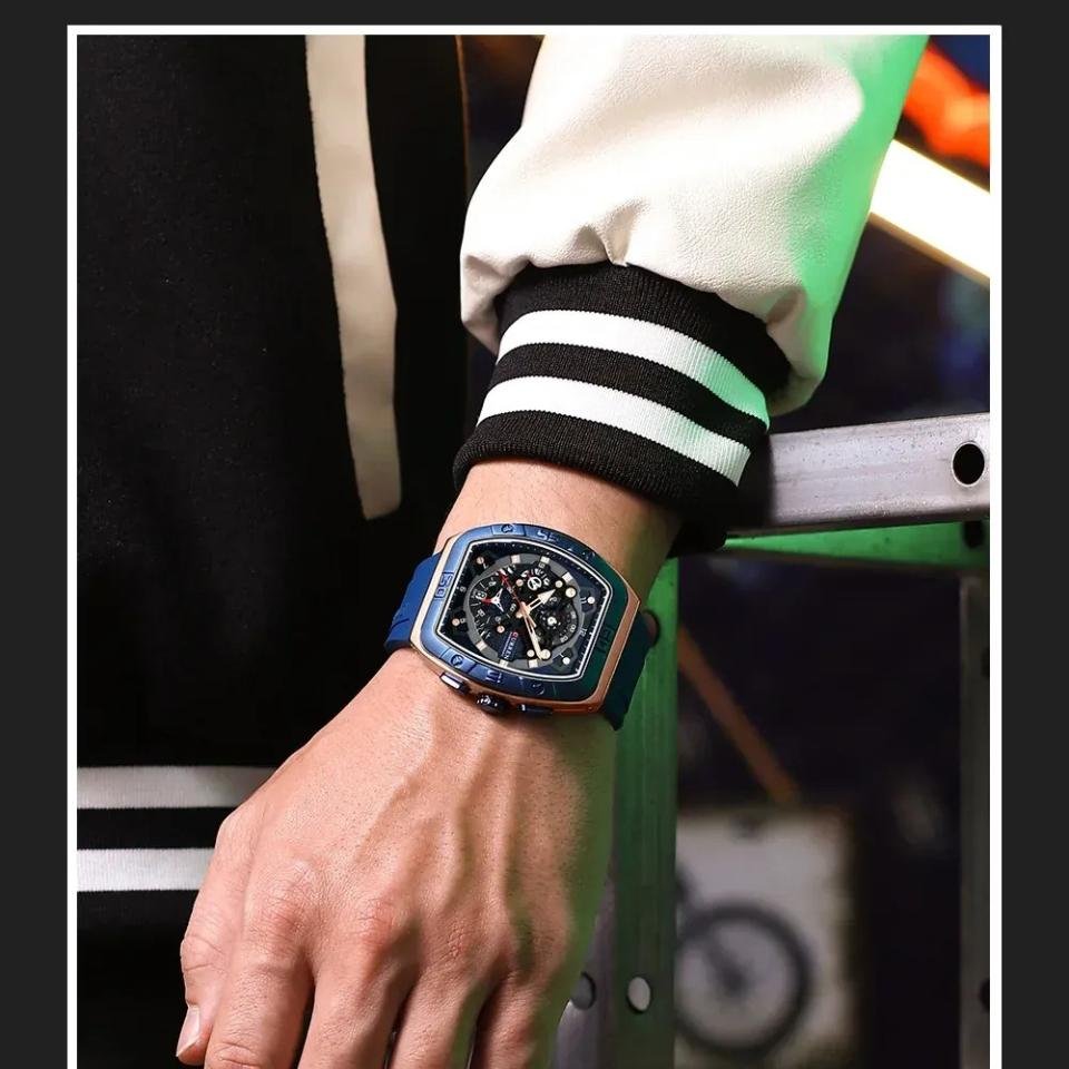 Relogio Cronografo Tonneau Design com Pulseira Esportiva de Silicone Azul 2