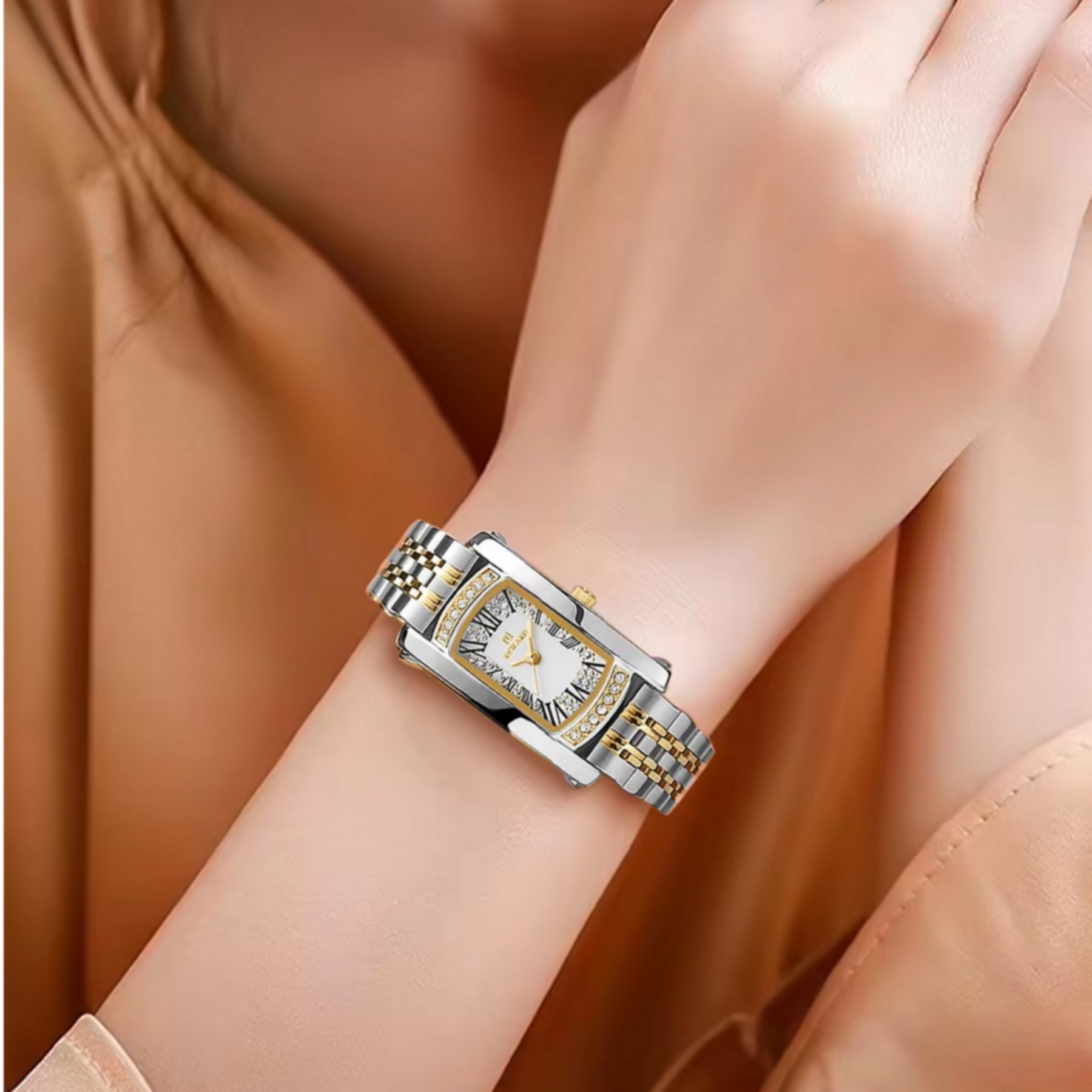 Relogio de pulso feminino a prova dagua com mostrador strass elegante Prata 2
