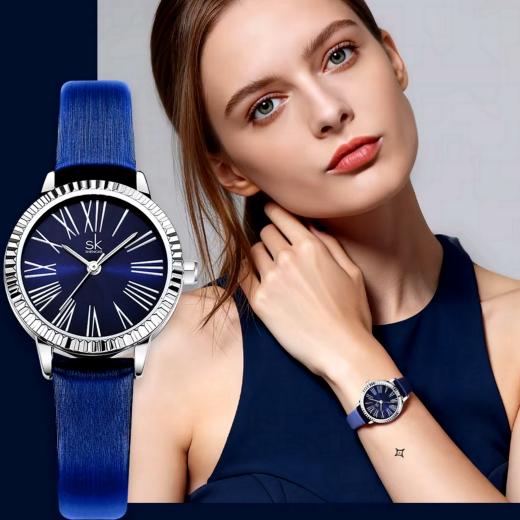 Relogio de Quartzo Feminino Design Moderno Casual Impermeavel Azul 2