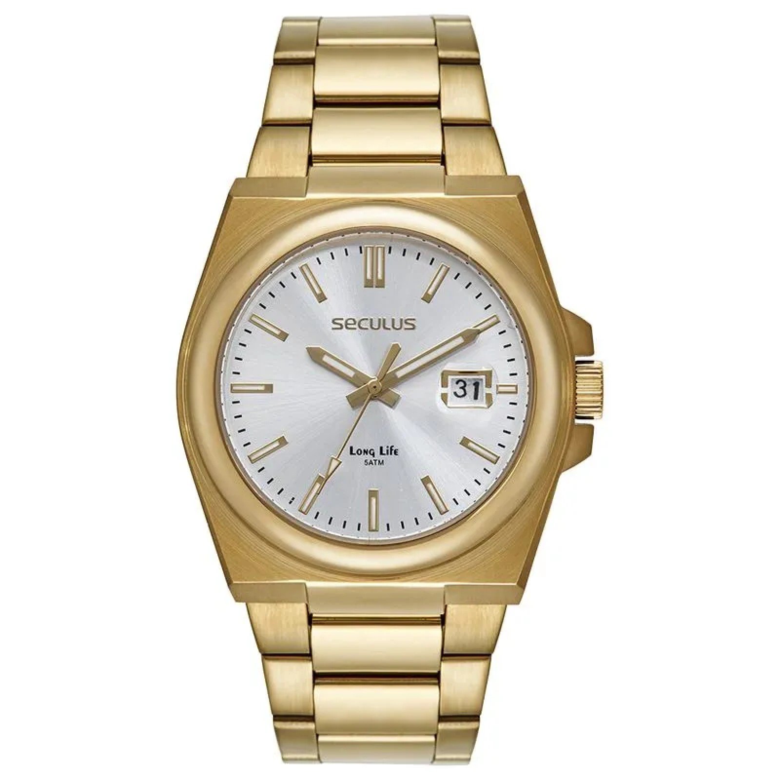 Relógio Seculus Long Life 44263GPSVDA2 Aço Social Calendário Dourado 1