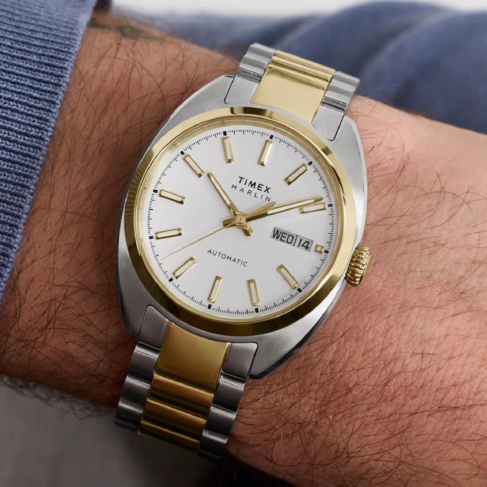 Relógio Timex Marlin Draper Automatic TW2Y65100 Masculino 37mm Aço Inox Prata/Dourado 6