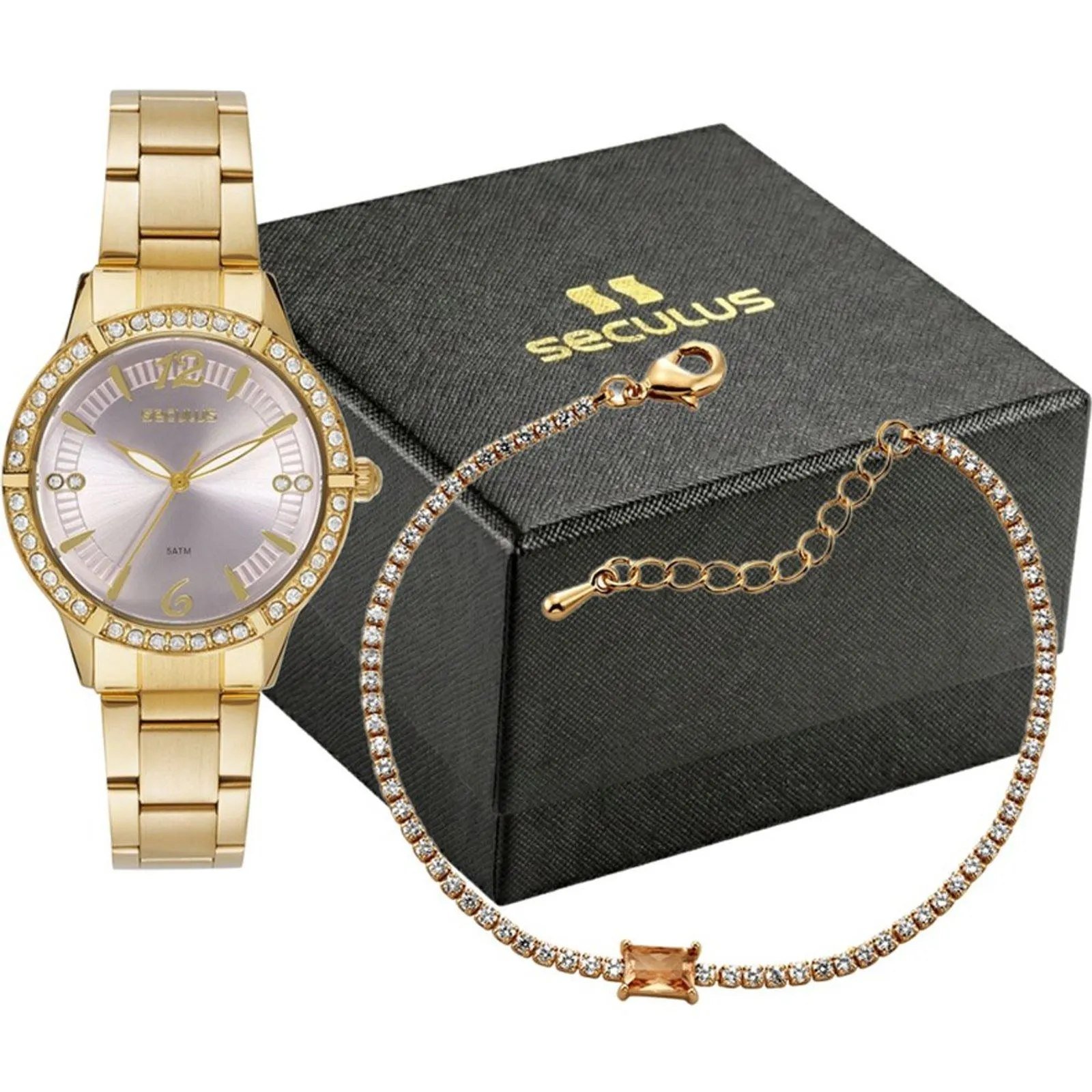 Kit Relógio Seculus Dourado e Pulseira 44345LPSKDA1K1