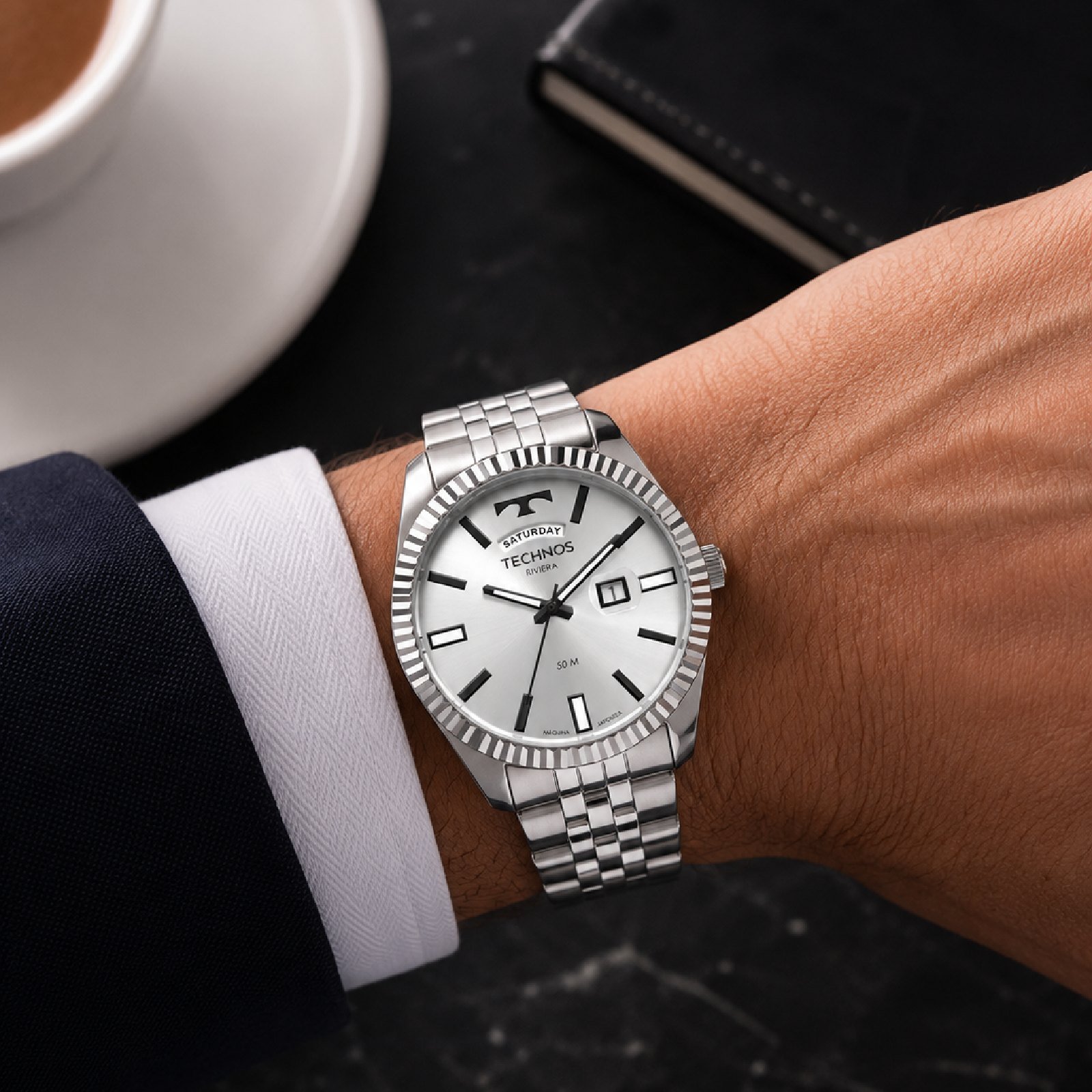 Relógio Technos Masculino Riviera 2350AI/1K 43mm Aço Inox Prata 2