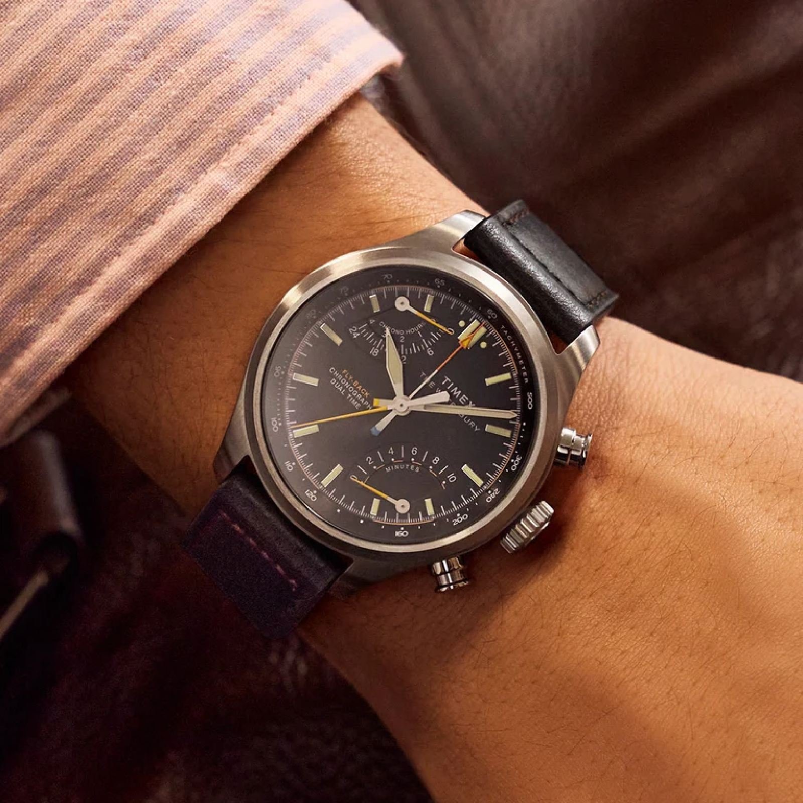 Relógio Timex Waterbury Ace Fly-Back TW2Y70000M 43mm Couro Prata 2