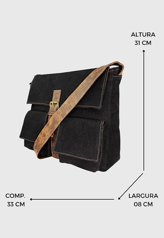 Lennas Bolsa Pasta Carteiro Transversal de Lona Preta A007 Preto 2
