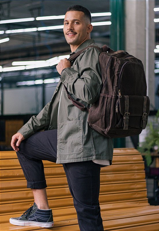 Mochila Lennas De Lona Grande Masculina Feminina Com Compartimento para Notebook Marrom A018 Marrom 6