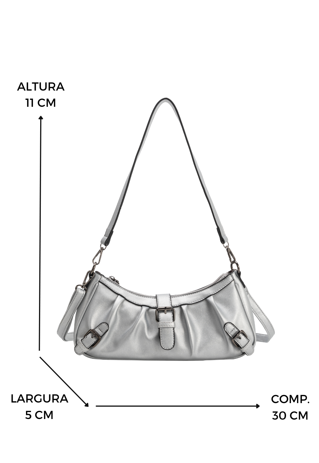 Lennas Bolsa Transversal e de Ombro Feminina Fashion com Fivelas Preta B079 Prata 2