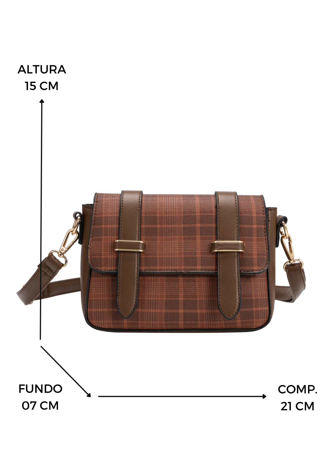 Lennas Bolsa Feminina Transversal Tiracolo Pequena com Estampa Xadrez Marrom B083 Dourado 2