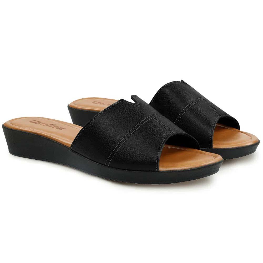 Tamanco Feminino Slide Plataforma Bordado Couro Preto Usaflex AA3303 Preto 2