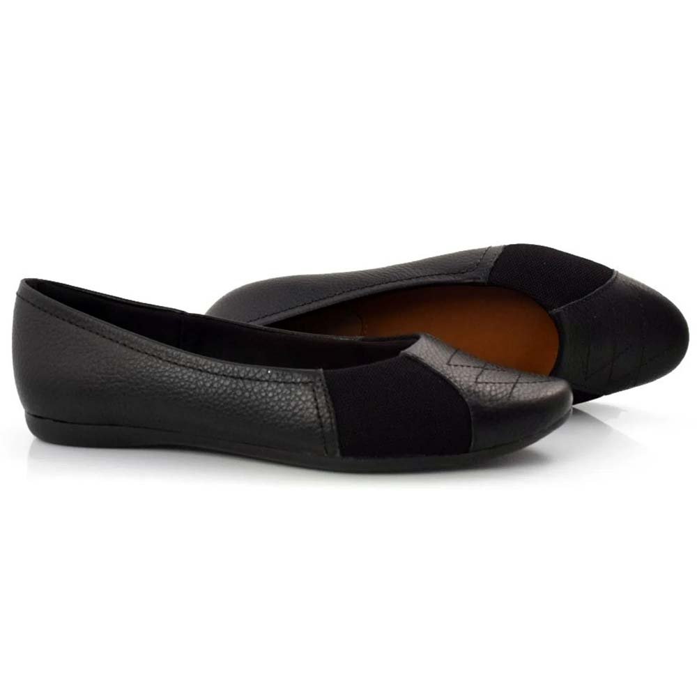 Sapatilha Feminina Bico Redondo Bordado Couro Preto Usaflex AD0710 Preto 2