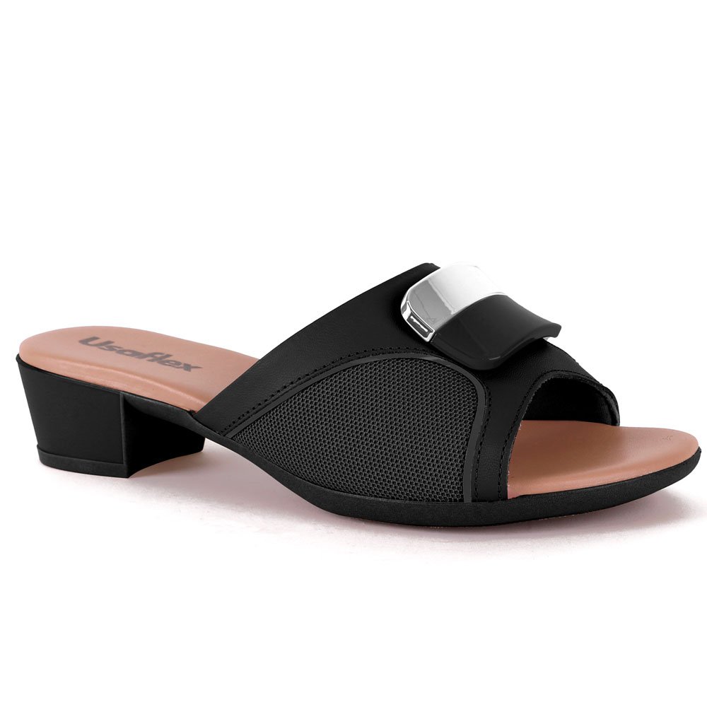 Tamanco Feminino Salto Bloco Fivela Preto Usaflex MM0802 Preto 1