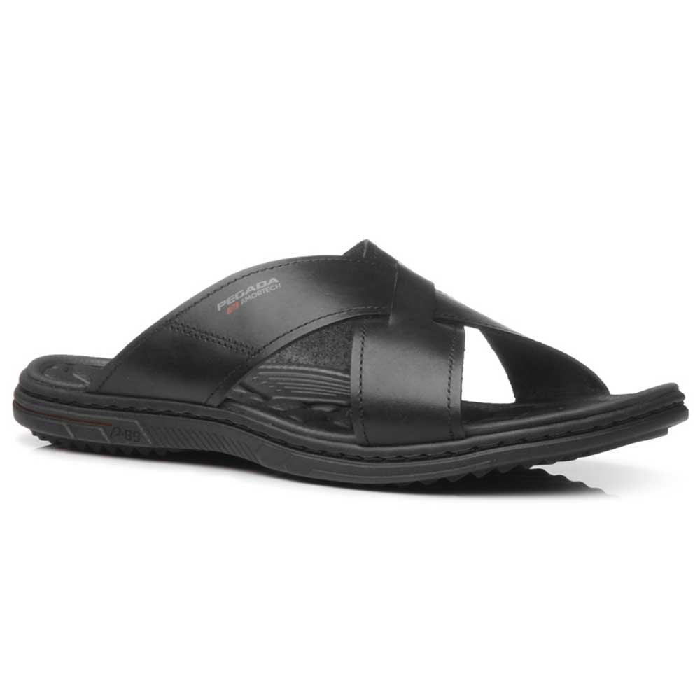 Chinelo Masculino Slide Tiras Cruzadas Couro Preto Pegada 133302-03