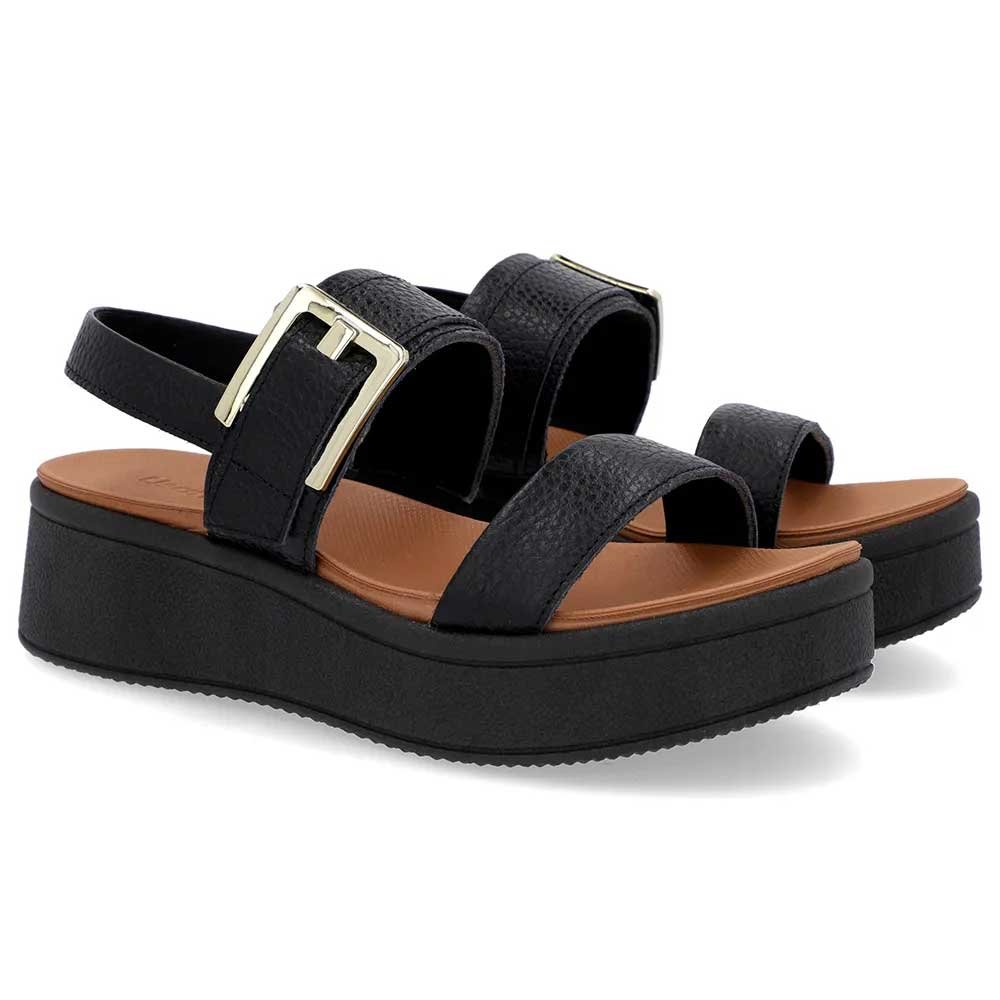 Sandália Anabela Feminina Couro Fivela Preto Usaflex AM23003 Preto 2