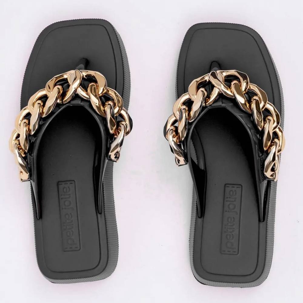 Chinelo Plataforma Hit Corrente Preto Ouro Petite Jolie PJ6515 Preto 3