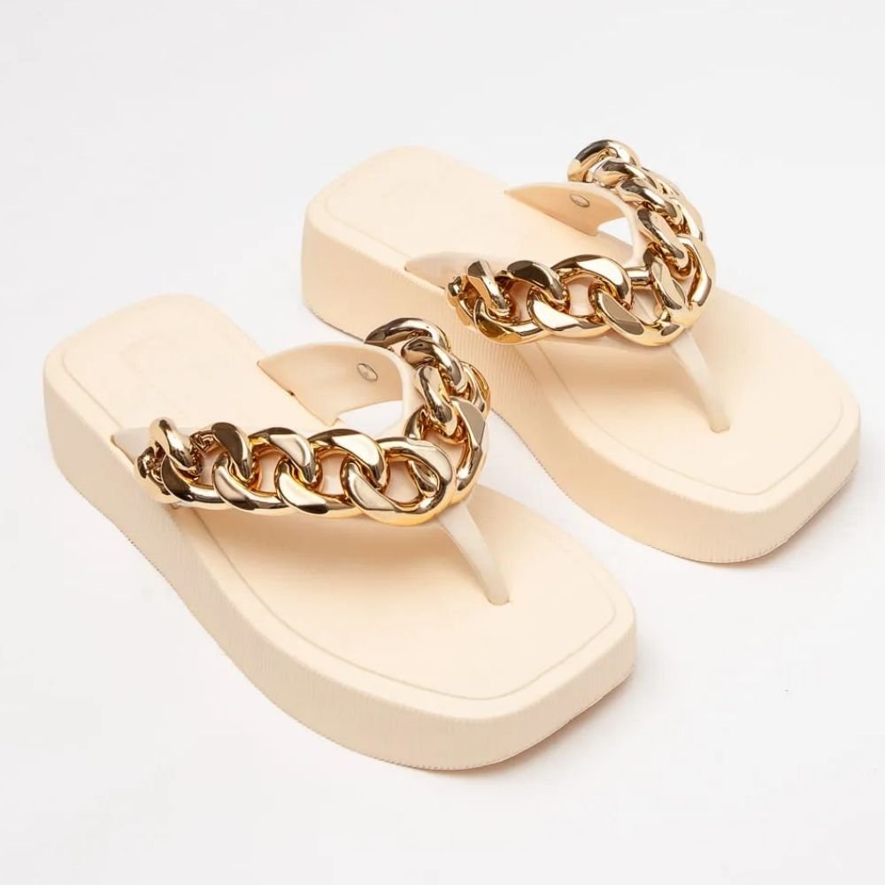 Chinelo Plataforma Hit Corrente Vanilla Ouro Petite Jolie PJ6515 Branco/Dourado 4