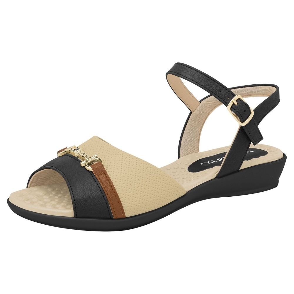 Sandália Feminina Camila Preto Brule Ocre Piccadilly 500406-16 Bege/Preto 2