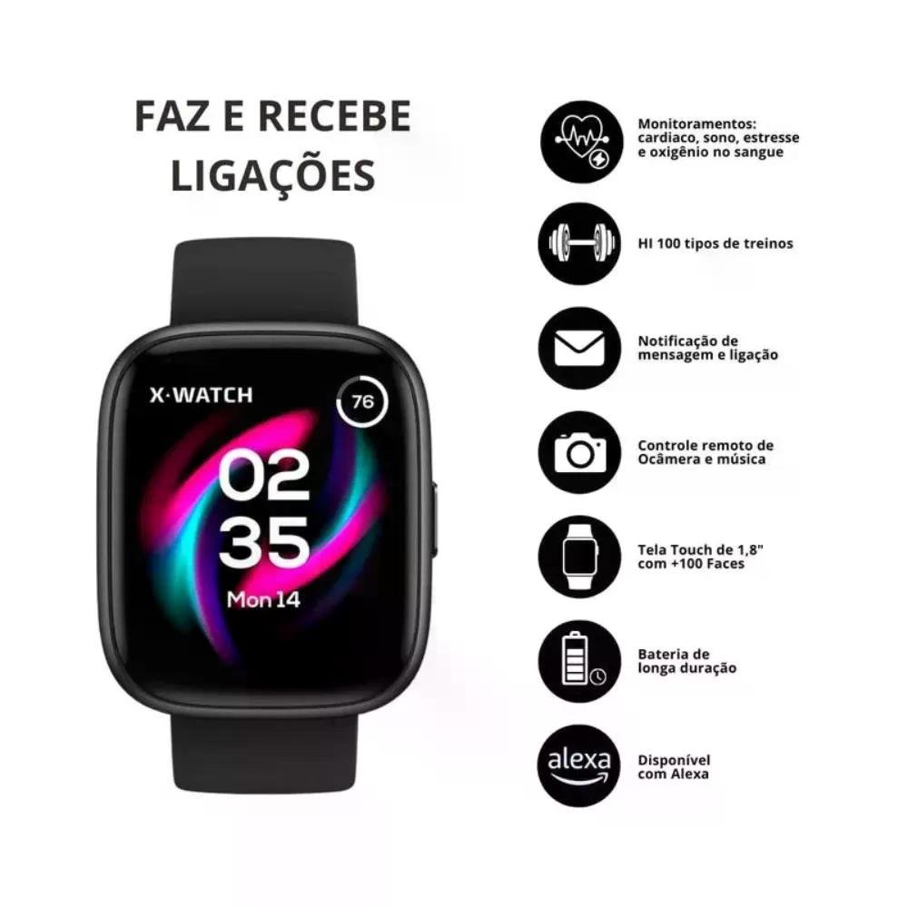 Relogio Smartwatch Unissex Alexa X-Watch XSWUQPI001A - Preto Preto 4