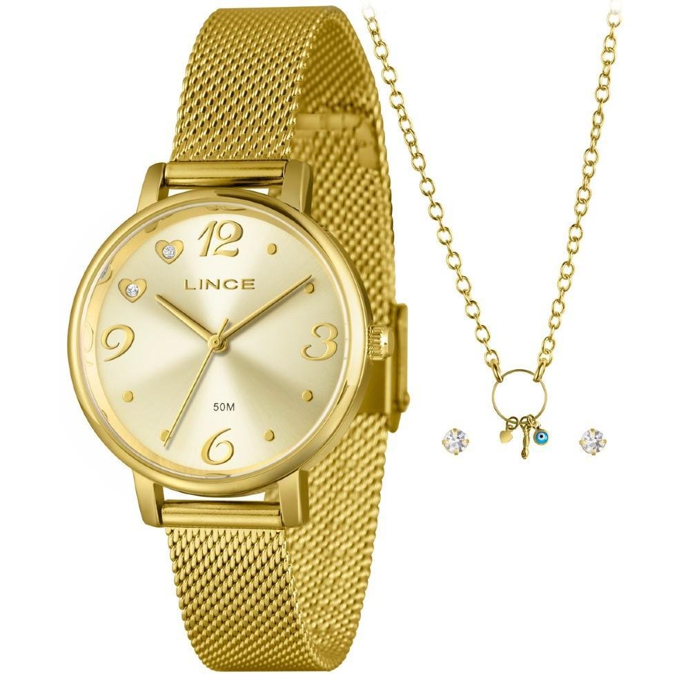 Kit Relógio Feminino Lince Dourado LRGM043L34 K0ERC2KX