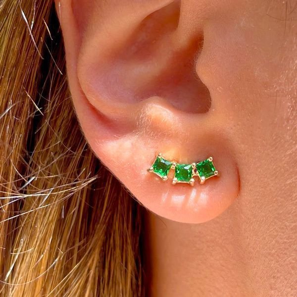 Brinco Ear Cuff Cristais Verde Esmeralda Square SemiJoia Dourado 2